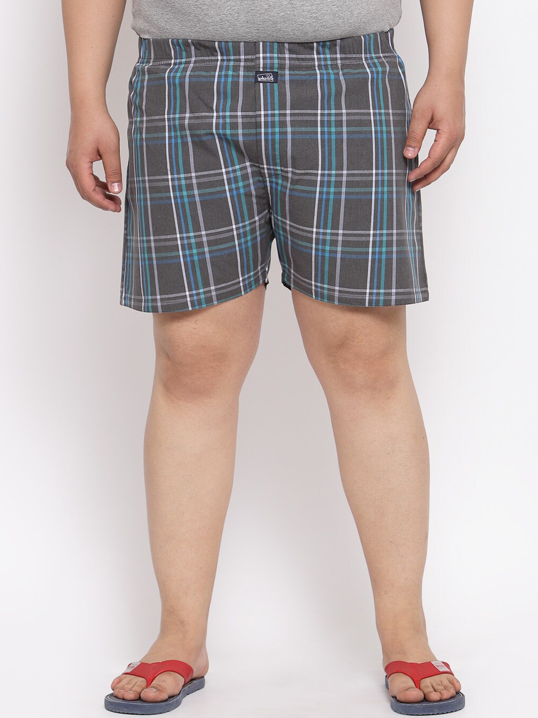 

plusS Men Plus Size Grey & Blue Checked Pure Cotton Boxers MBX208E
