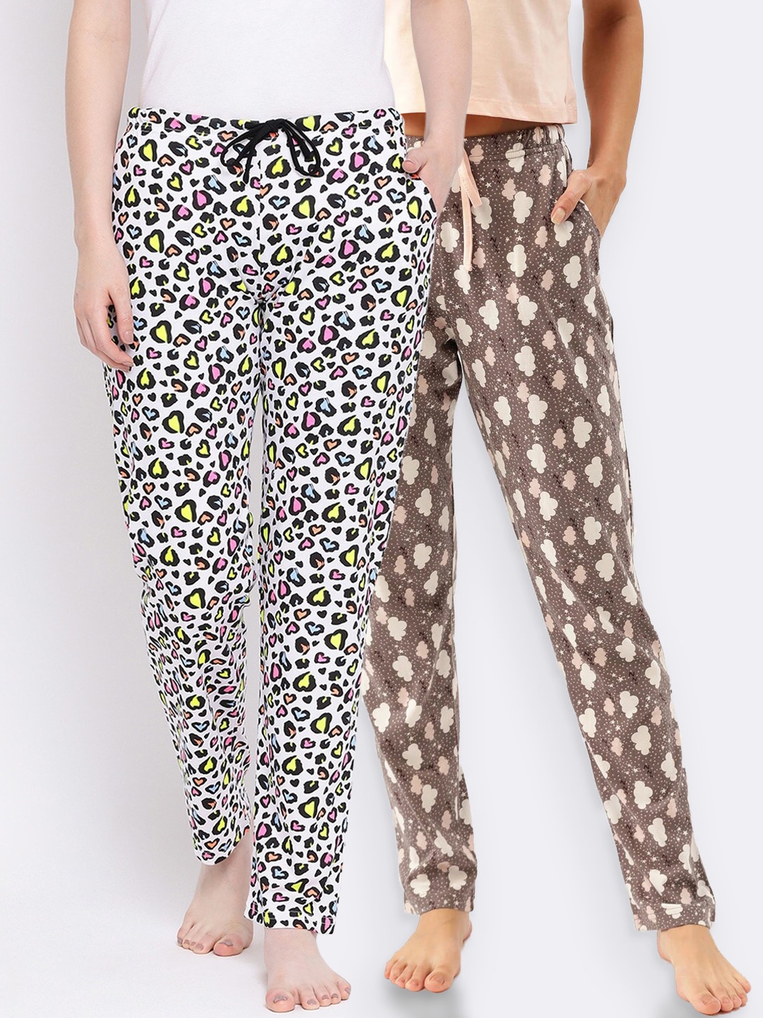 

Kanvin Women Pack of 2 Printed Pure Cotton Lounge Pants, Brown
