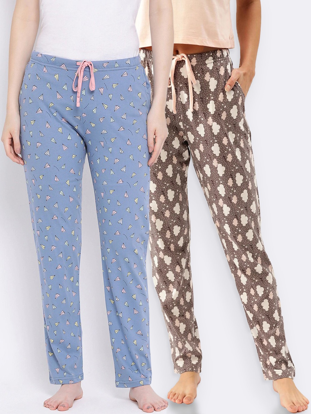 

Kanvin Women Pack of 2 Printed Pure Cotton Lounge Pants, Brown