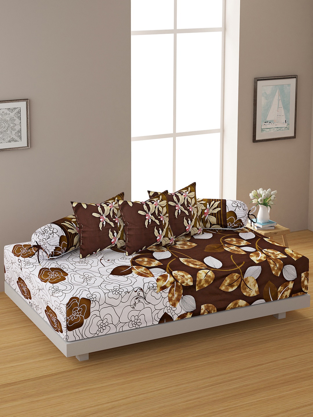 SWAYAM Set Of 6 Green & White Floral Printed Pure Cotton Diwan Set, Brown