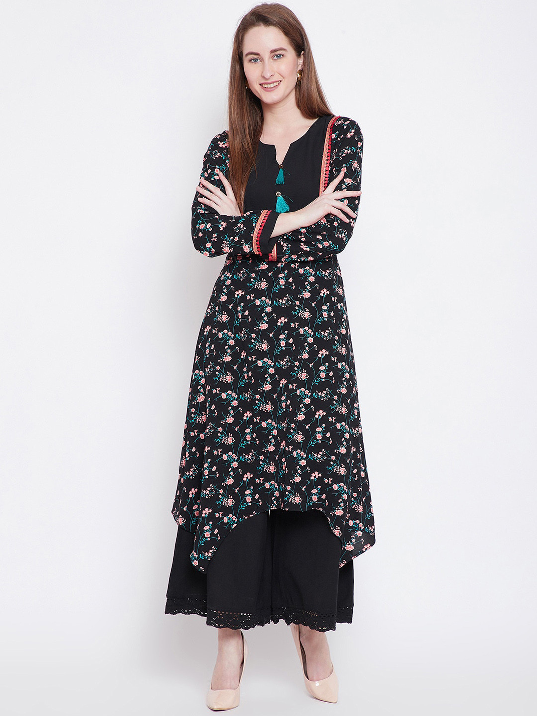 

One of a Kind Women Black Floral Printed Crepe A-line Kurta