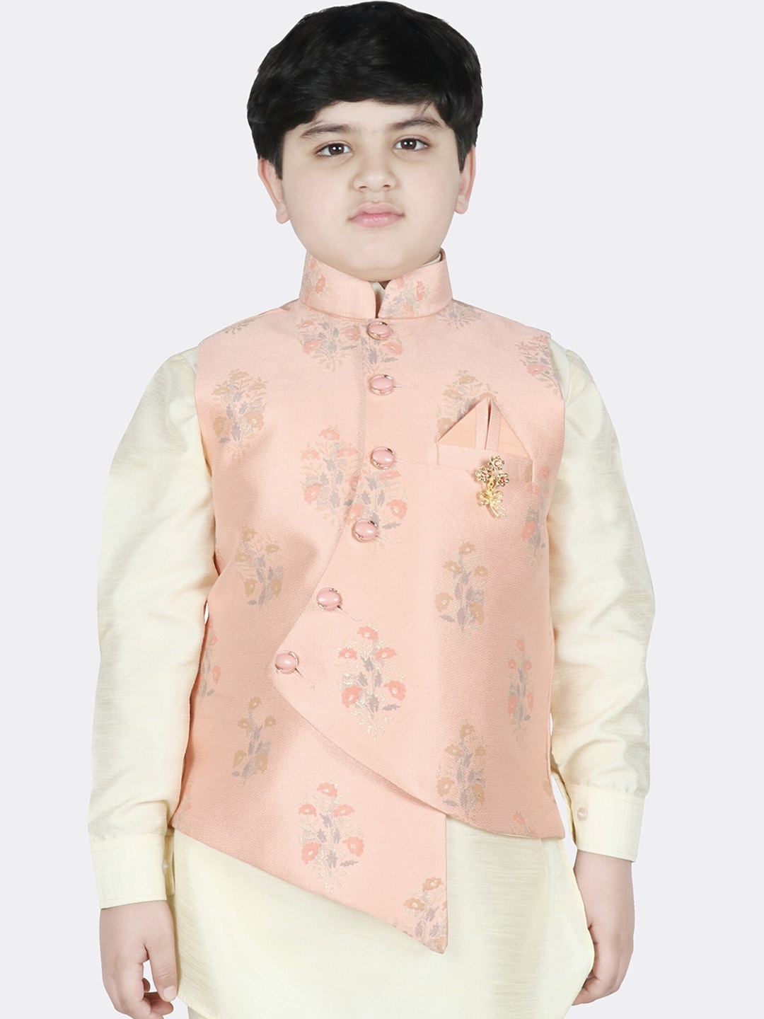 SG YUVRAJ Boys Peach-Coloured & Grey Floral Print Nehru Jacket