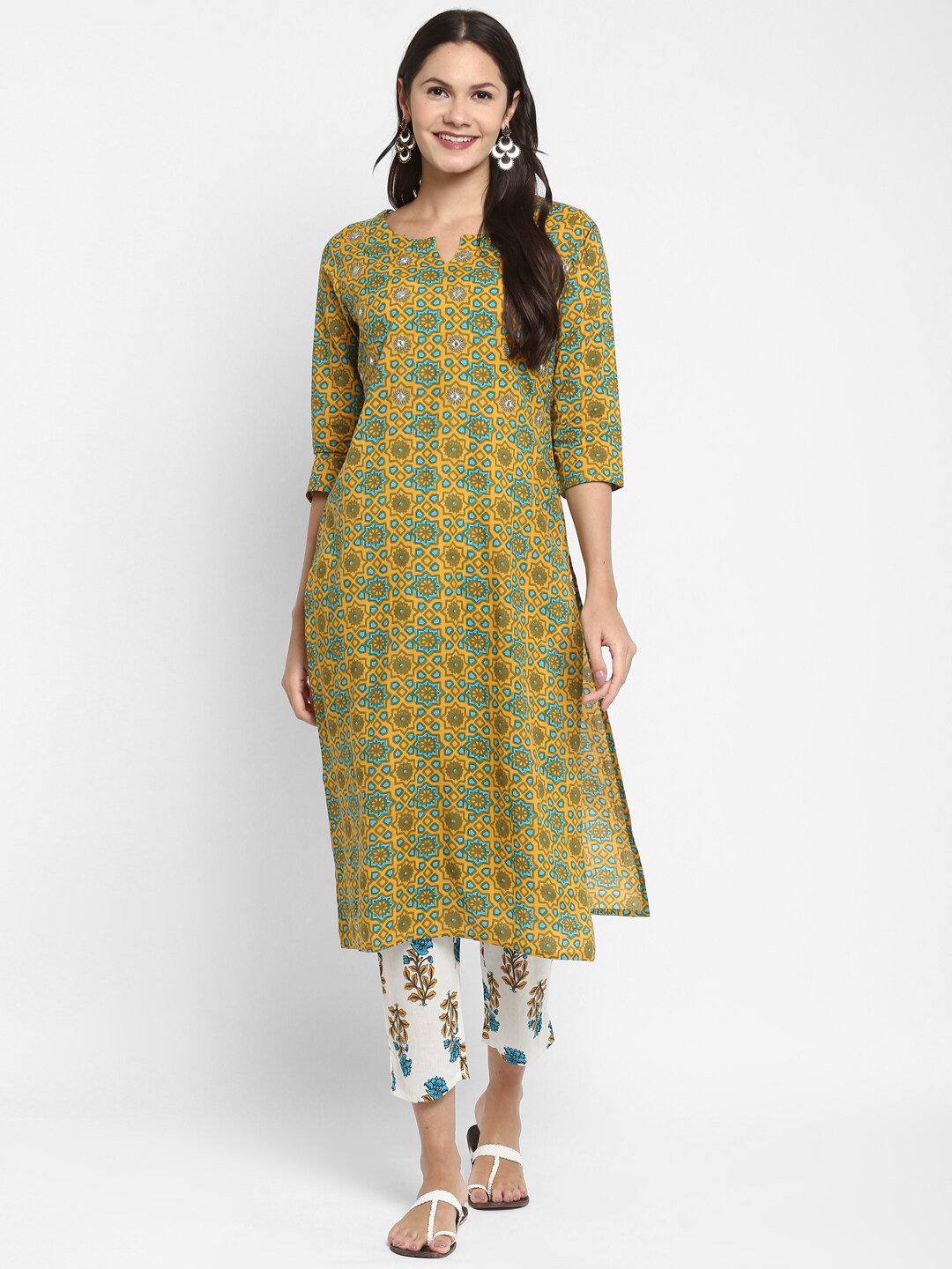 

Vbuyz Women Mustard & White Printed Kurta with Trousers