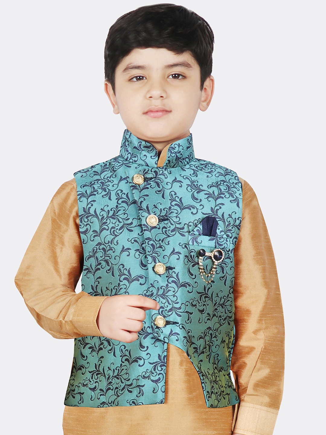 

SG YUVRAJ Boys Blue Ethnic Motifs Brocade Woven Design Nehru Jacket