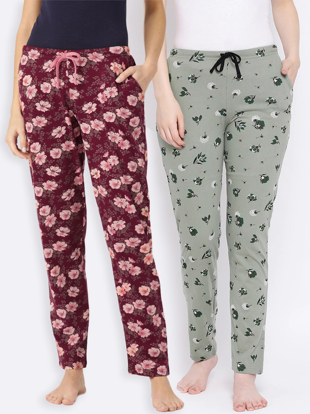 

Kanvin Women Pack of 2 Floral Print Pure Cotton Lounge Pants, Maroon