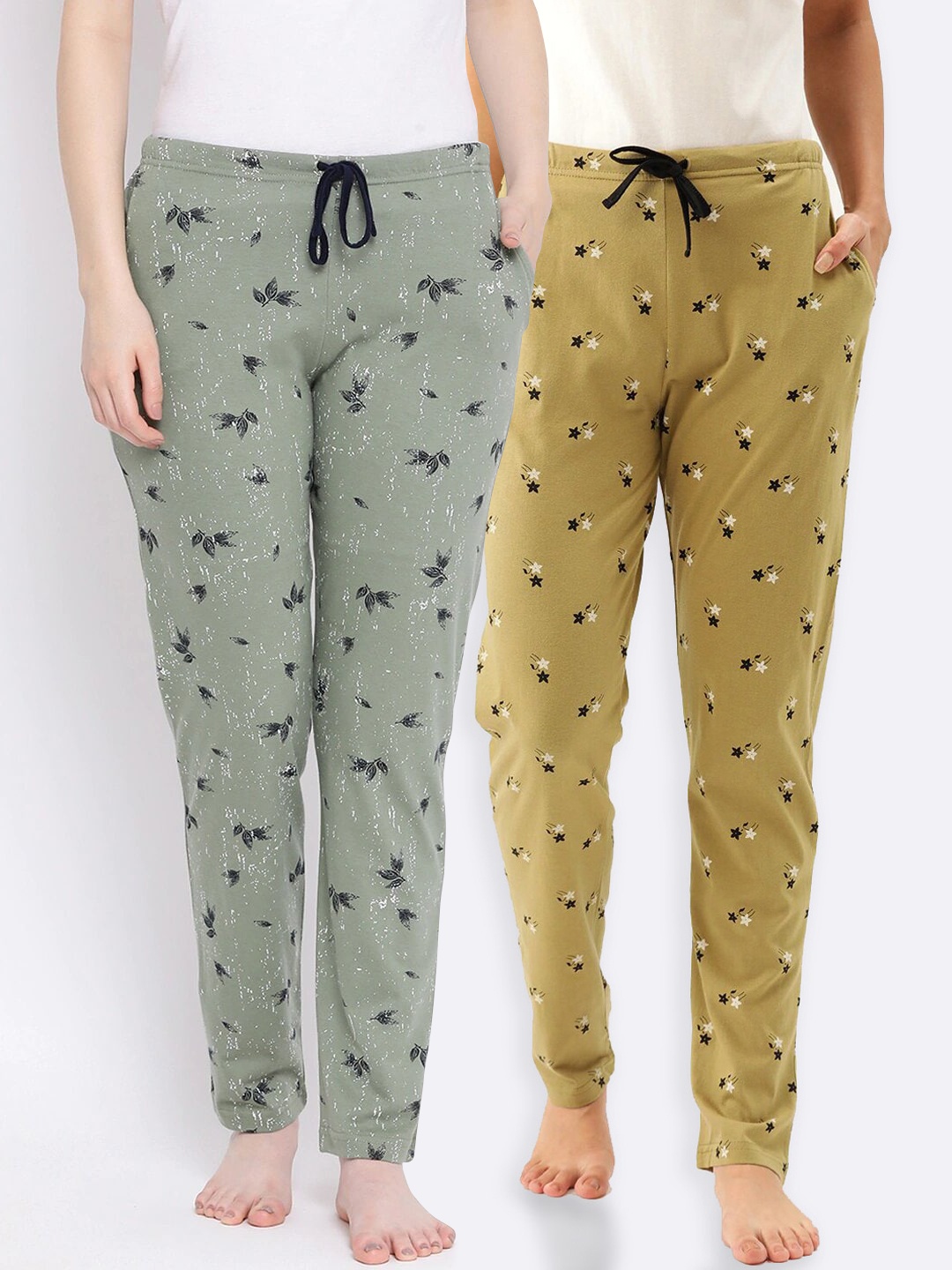 

Kanvin Women Pack of 2 Printed Pure Cotton Lounge Pants, Mustard