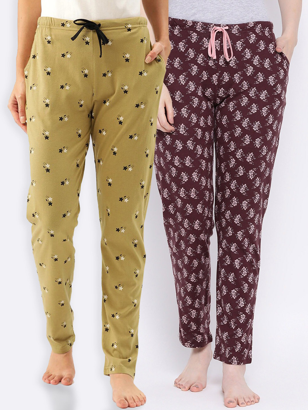 

Kanvin Women Pack of 2 Printed Pure Cotton Lounge Pants, Mustard
