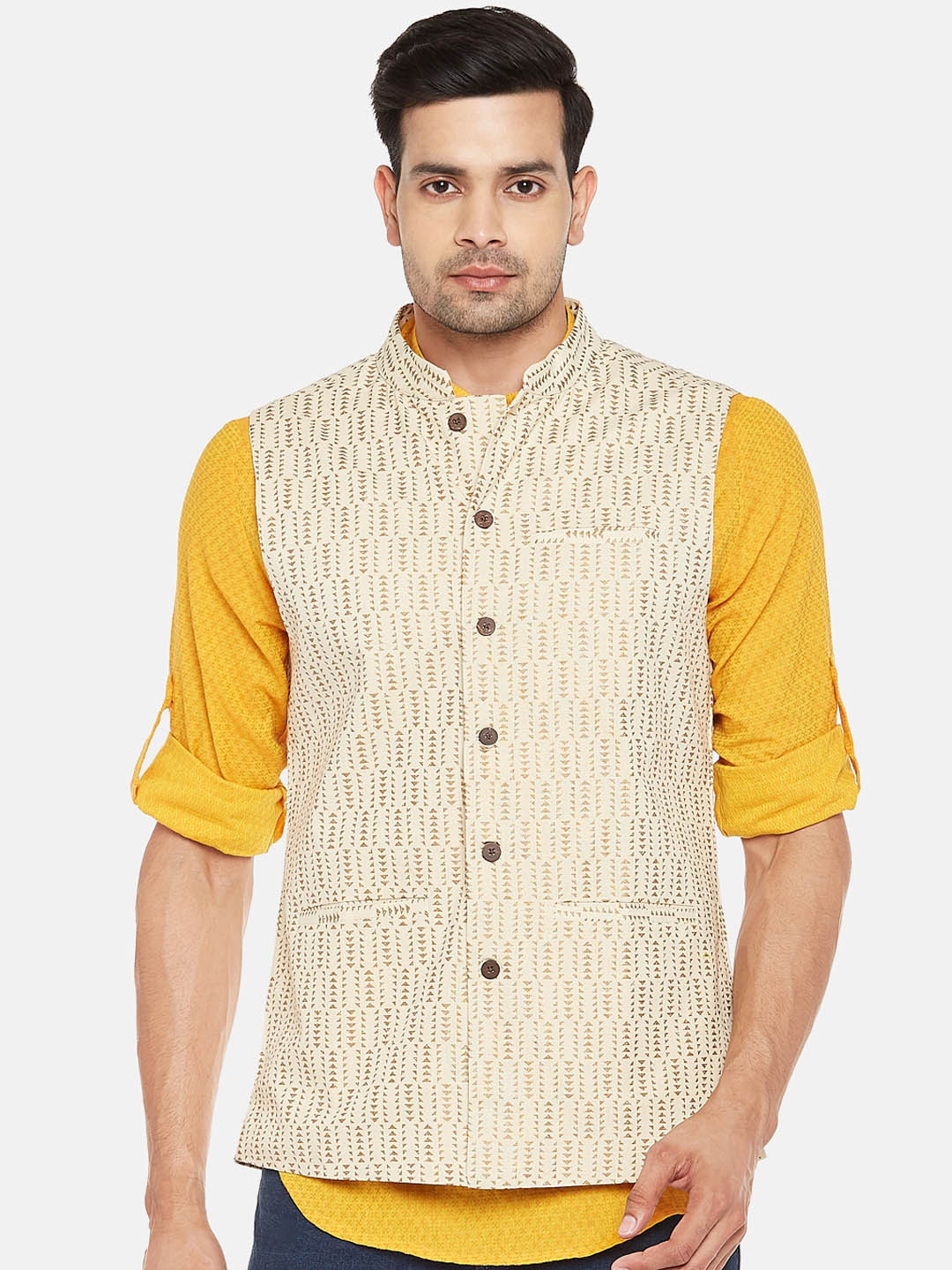 

indus route by Pantaloons Men Cream Coloured Printed Nehru Jacket
