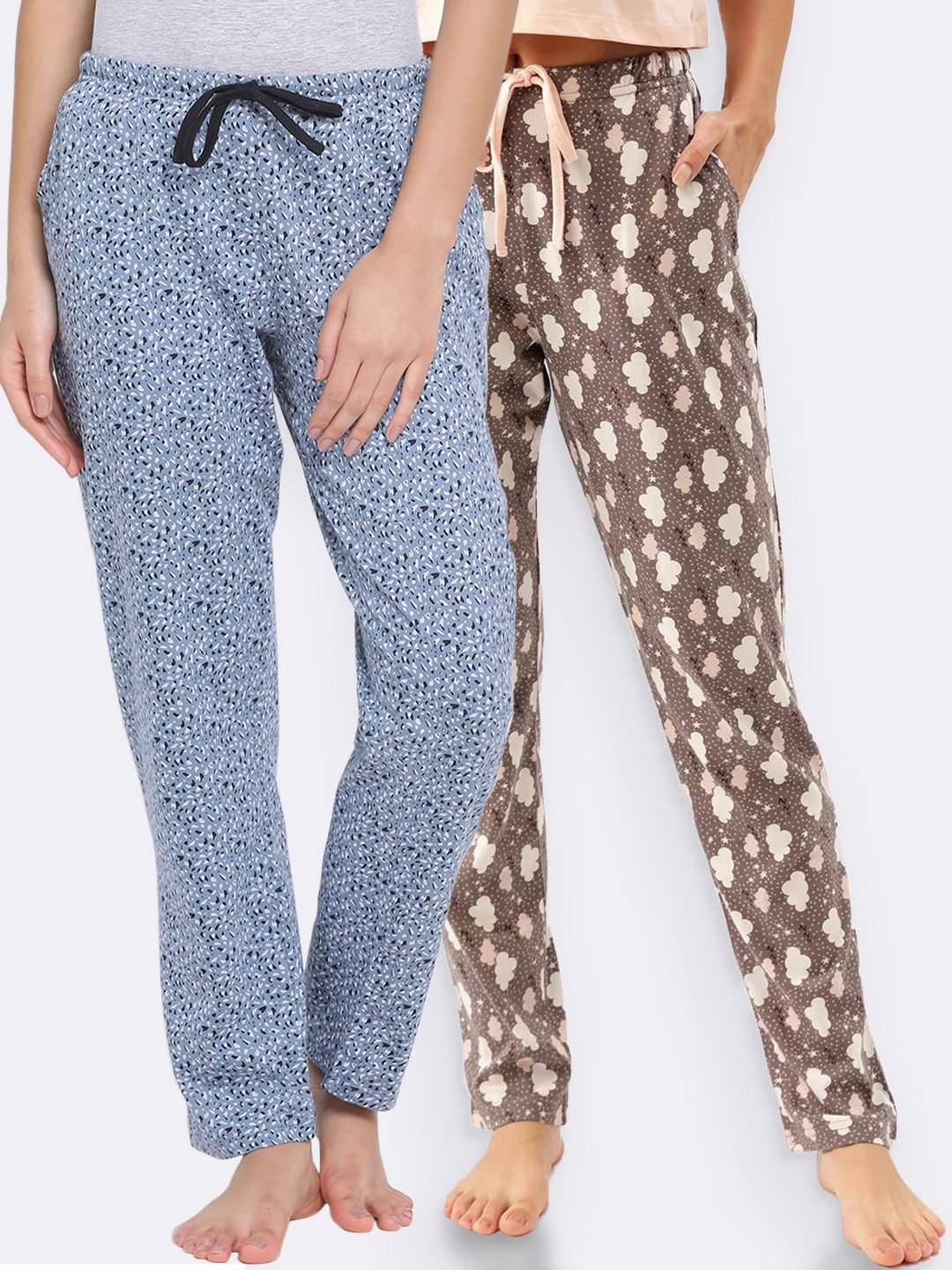 

Kanvin Women Pack of 2 Printed Pure Cotton Lounge Pants, Brown