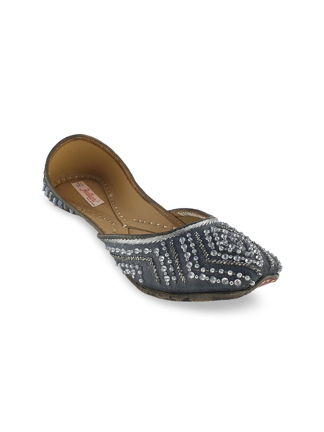 

Fulkari Women Grey Solid Leather Mojaris