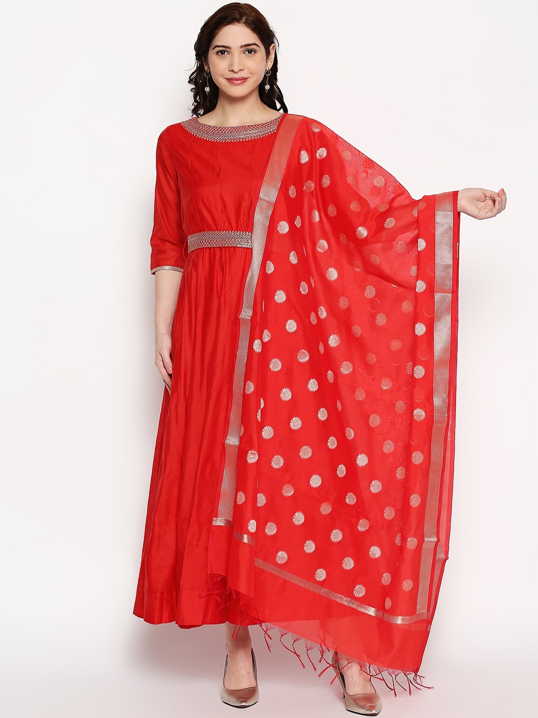 

RANGMANCH BY PANTALOONS Women Red Flared Sleeves Anarkali Kurta With Dupatta