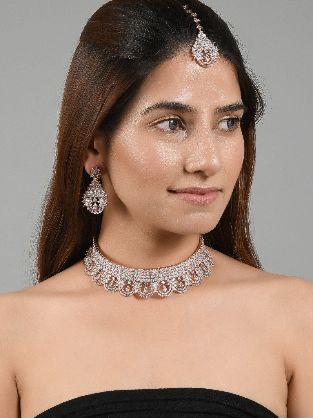 

Silvermerc Designs Rose-Gold Plated White AD-Studded Jewellery Set
