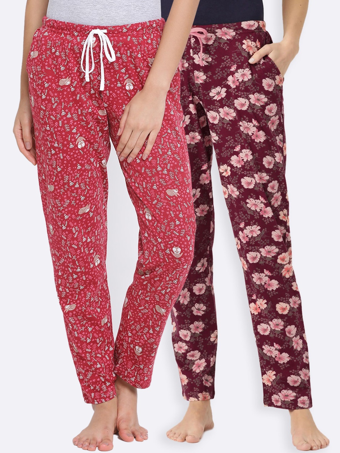 

Kanvin Women Pack of 2 Printed Pure Cotton Lounge Pants, Maroon