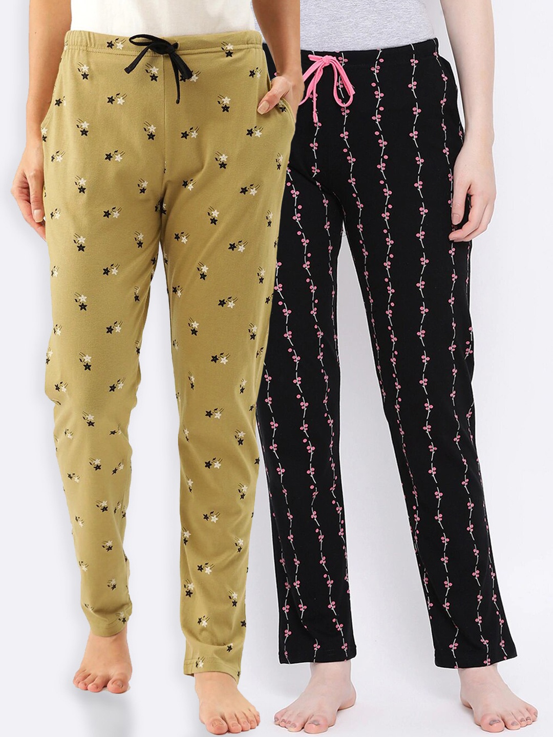 

Kanvin Women Pack of 2 Printed Pure Cotton Lounge Pants, Mustard