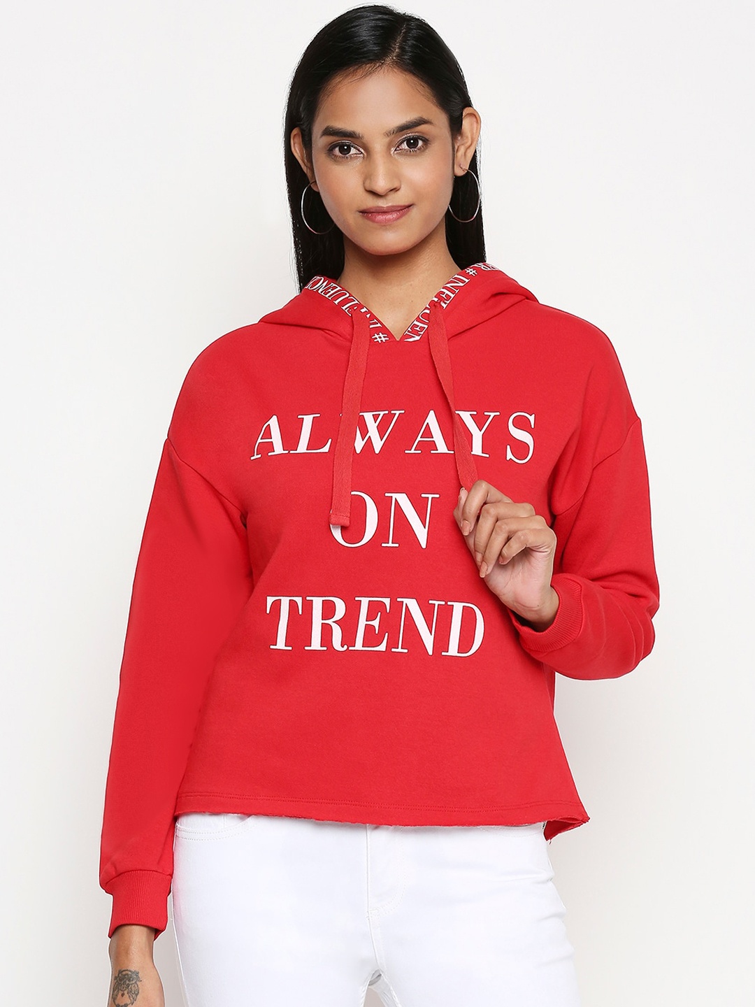 

People Women Red & White Printed Hooded Sweatshirt