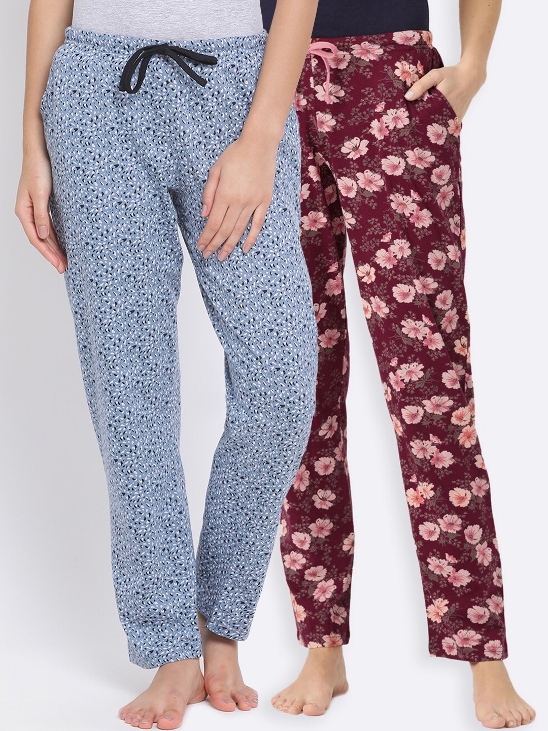 

Kanvin Women Pack of 2 Printed Pure Cotton Lounge Pants, Maroon