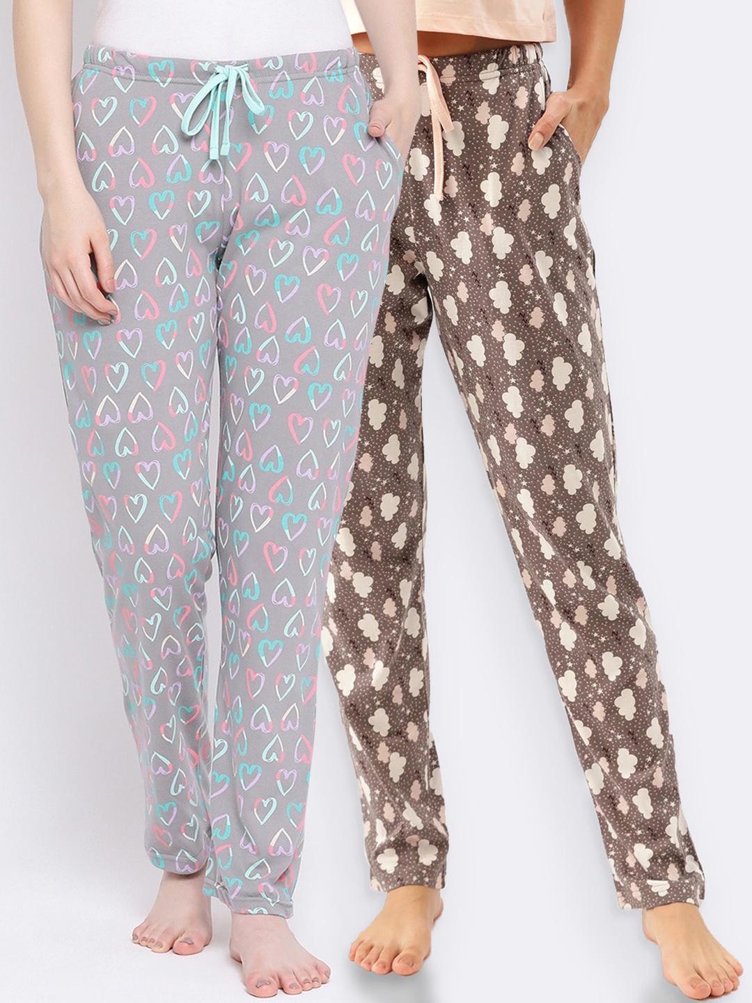 

Kanvin Women Pack of 2 Printed Pure Cotton Lounge Pants, Brown