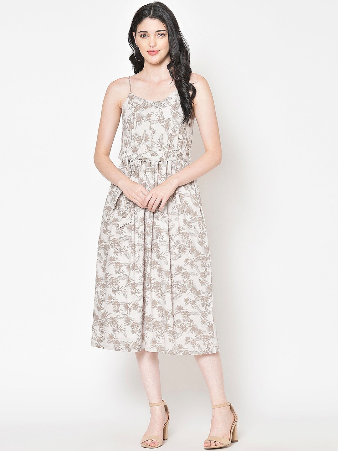 

Cation Women Off-White & Beige Floral Print Cotton A-Line Dress with Belt