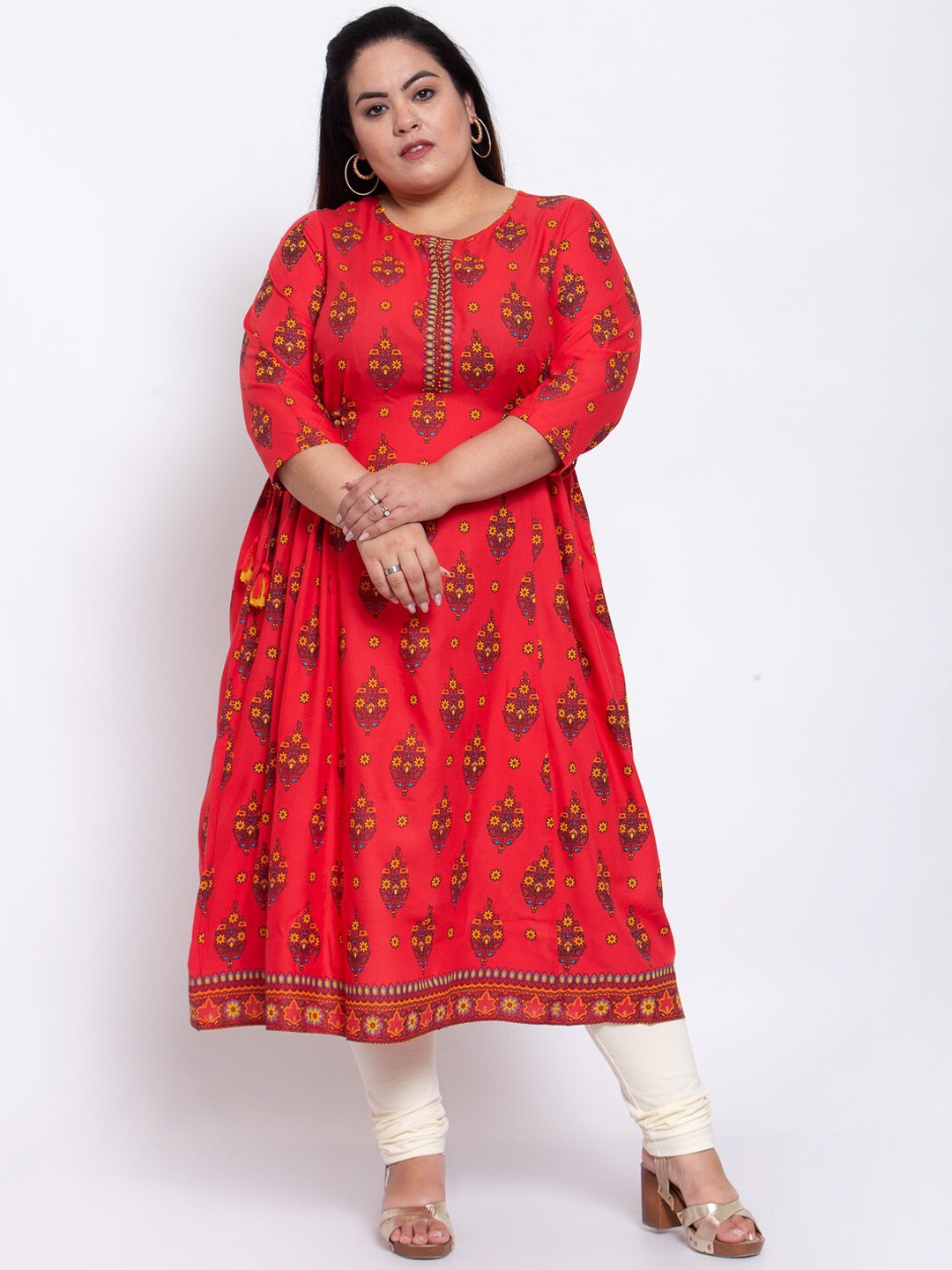 

plusS Women Red Ethnic Motifs Printed Anarkali Kurta