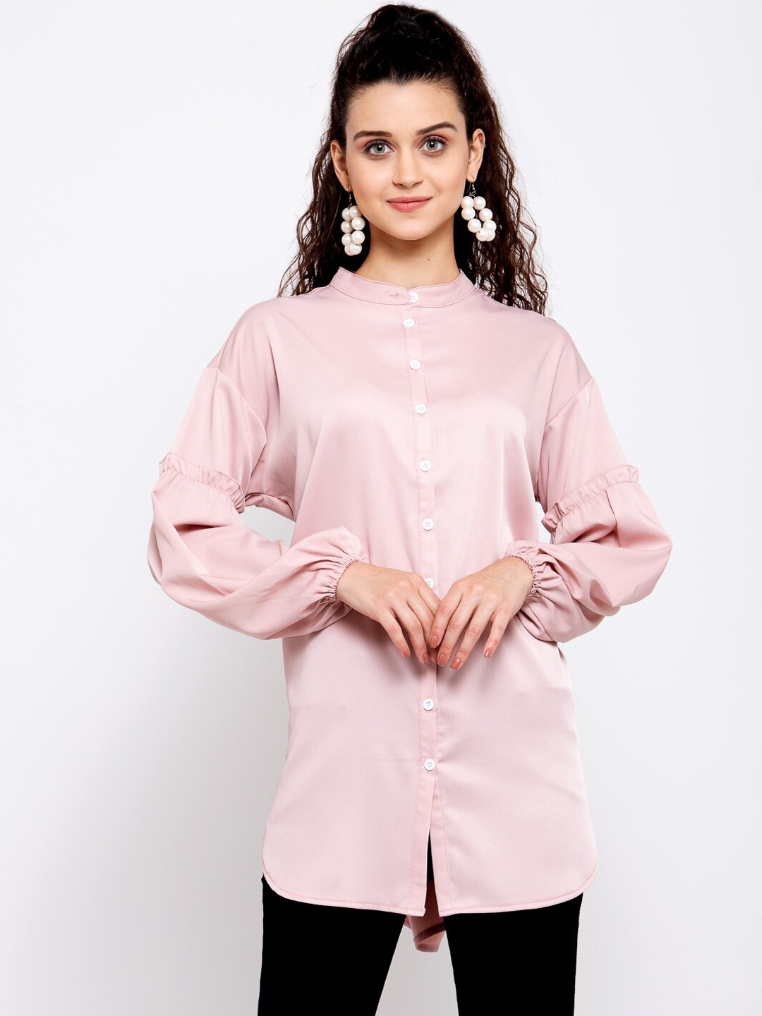 

iki chic Pink Mandarin Collar Puff Sleeves Shirt Style Longline Top