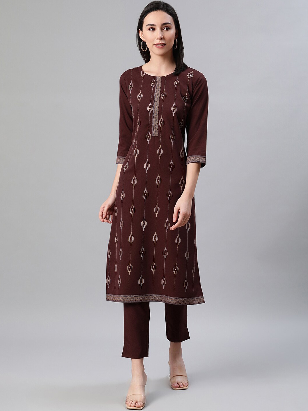 

ZIYAA Women Brown & Golden Striped Sequinned Kurta