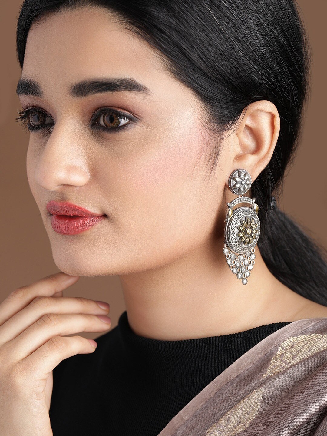 

Rubans Gold-Toned Silver-Plated Handcrafted & Oxidised Classic Drop Earrings