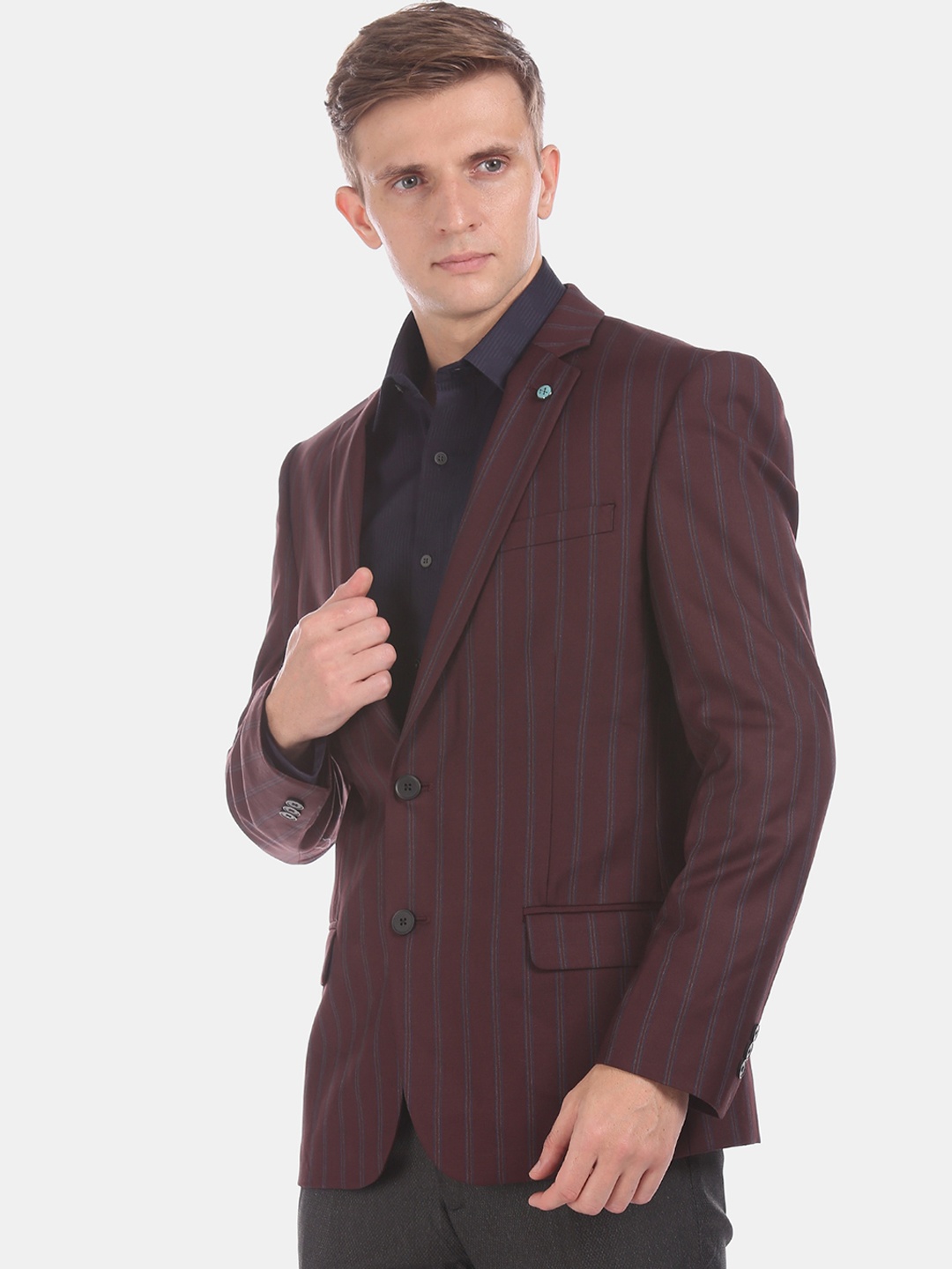 

Arrow New York Men Maroon & Grey Striped Slim-Fit Single-Breasted Formal Blazer
