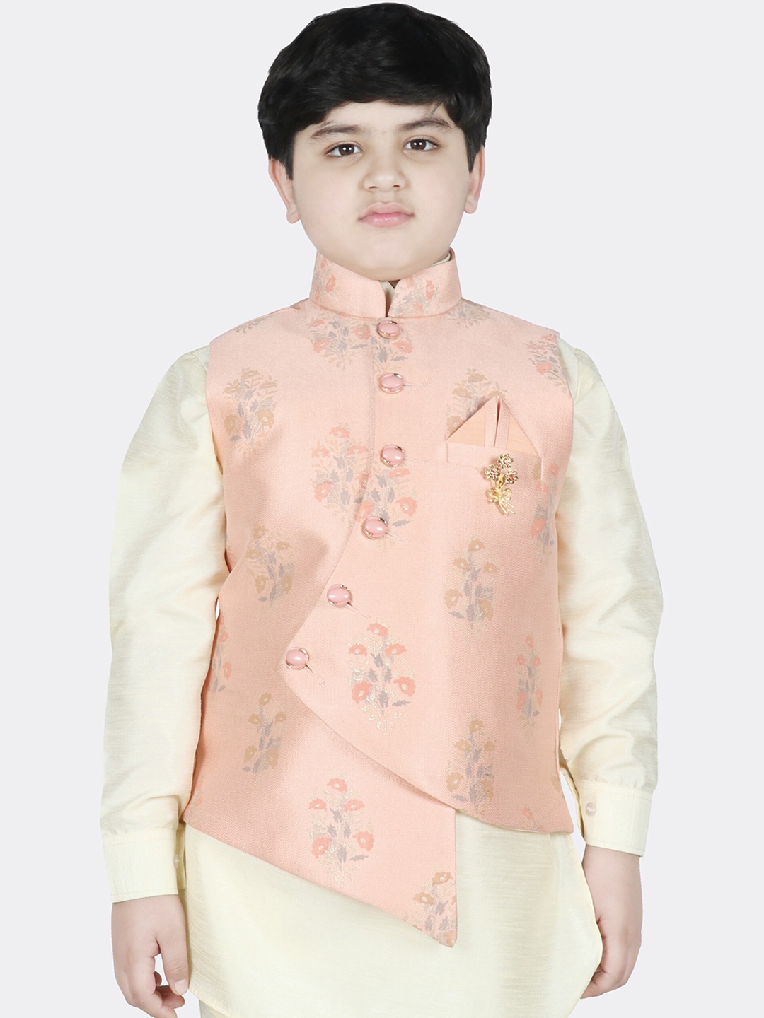 

SG YUVRAJ Boys Peach-Coloured & Grey Floral Print Nehru Jacket