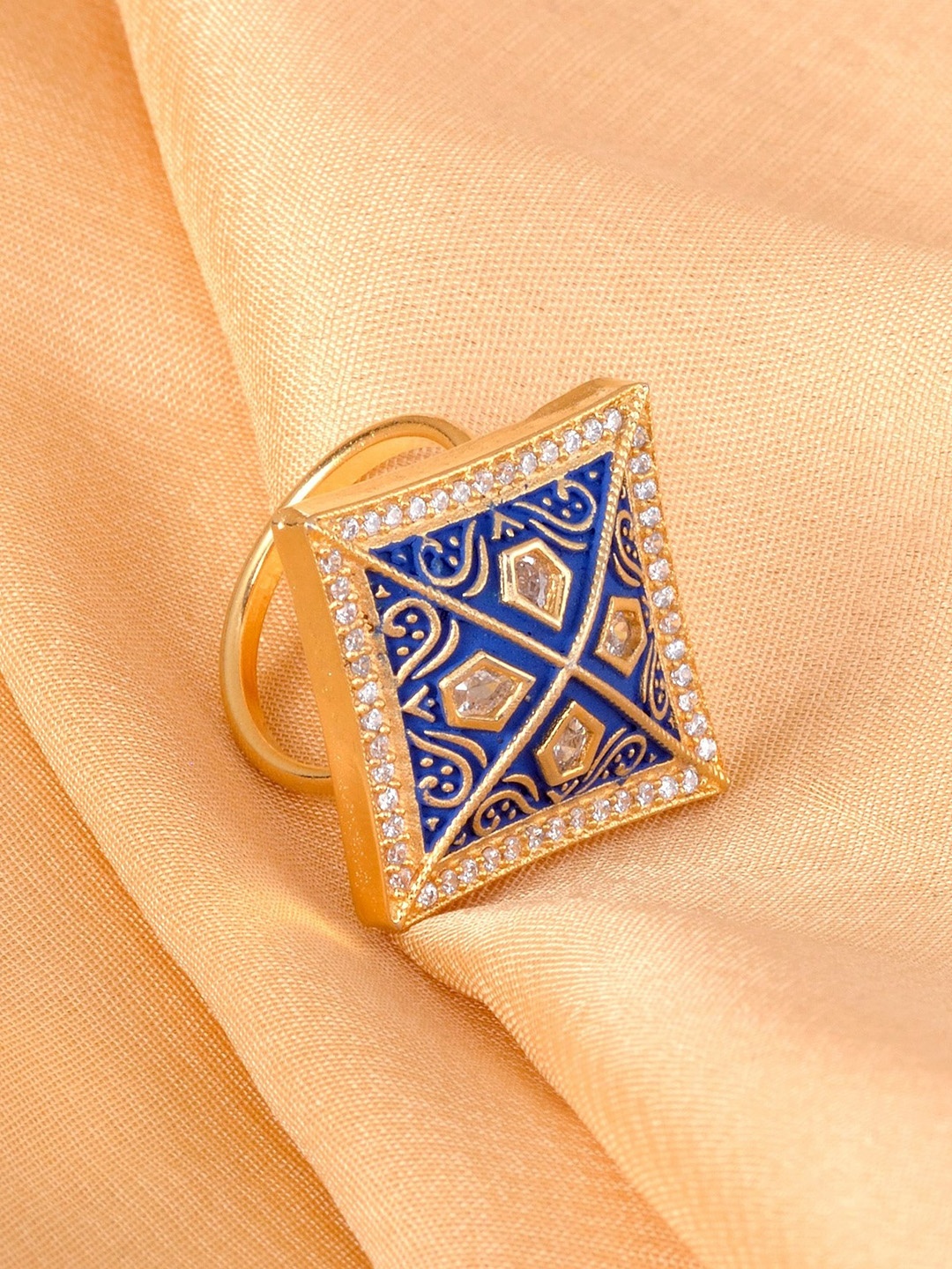 

Saraf RS Jewellery Gold Plated Blue Exclusive American Diamond CZ Stone Studded Handcrafted Adjustable Square Ring