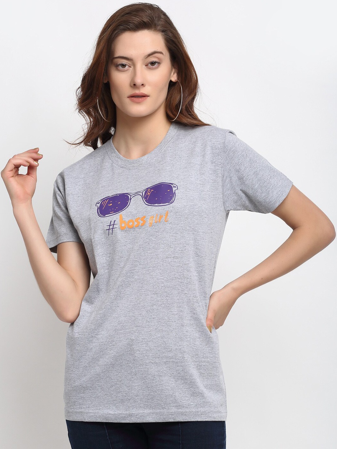

YOLOCLAN Women Grey Melange Printed Round Neck T-shirt
