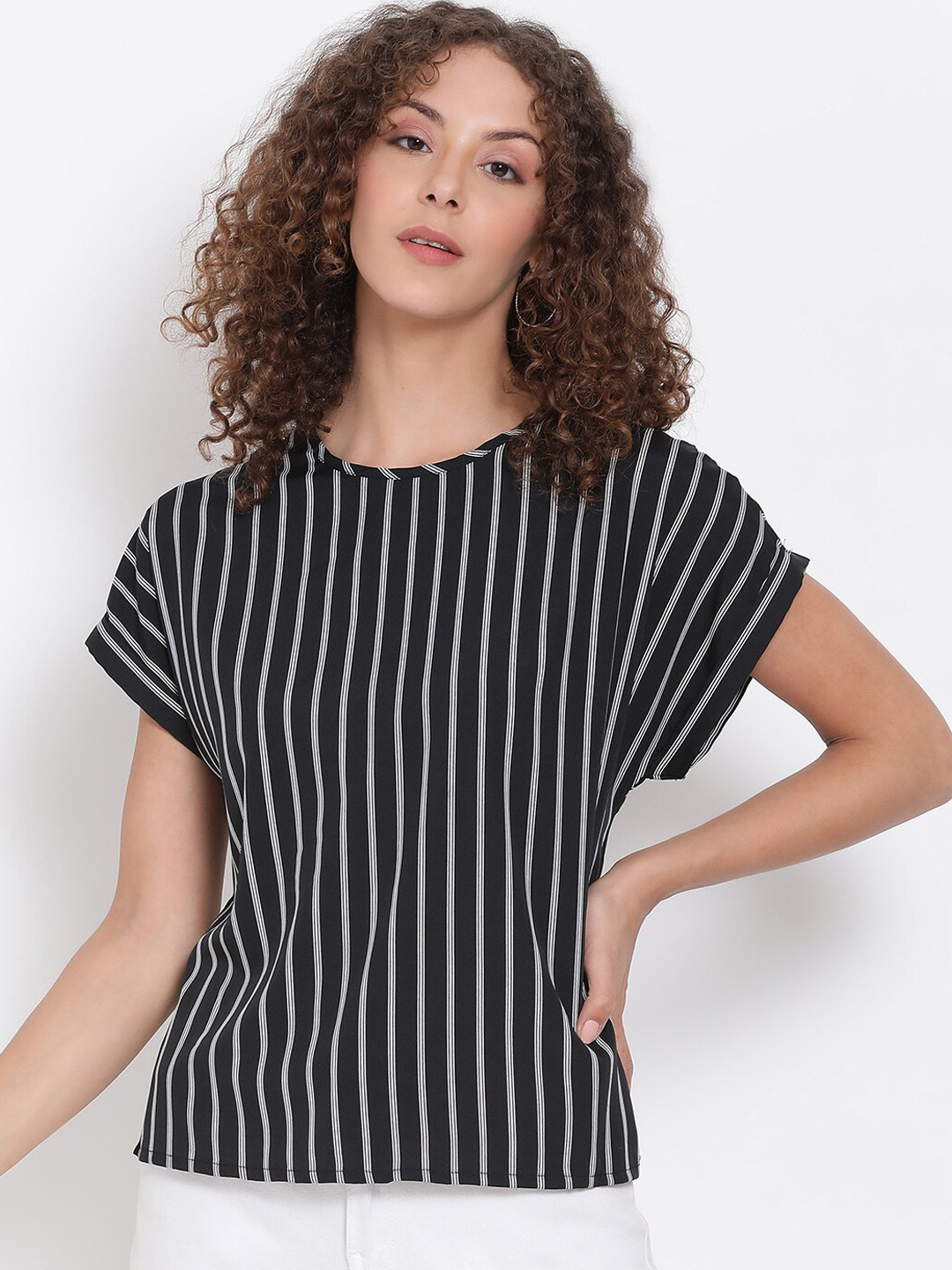 

Oxolloxo Women Black & White Striped Regular Top