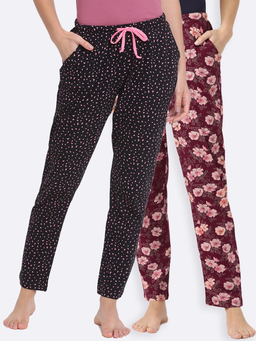

Kanvin Women Pack of 2 Printed Pure Cotton Lounge Pants, Maroon