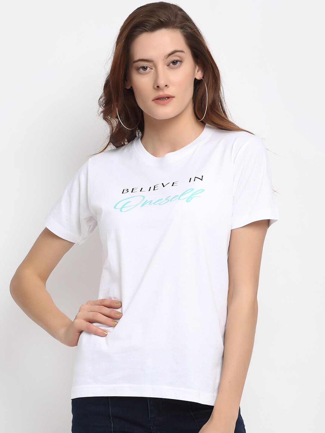 

YOLOCLAN Women White Printed V-Neck T-shirt