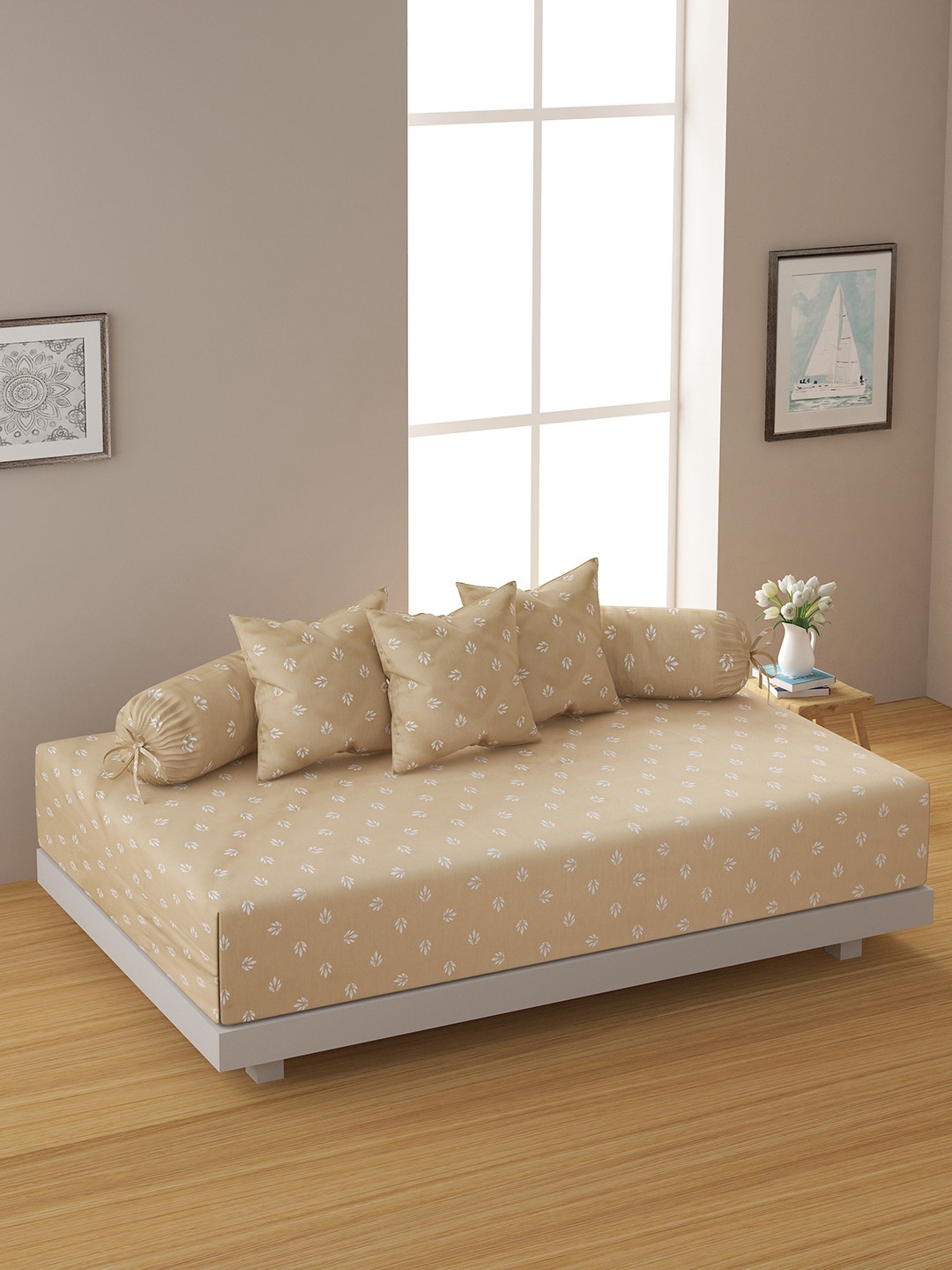 

Swayam Zinnia Set of 6 Latte Brown & White Cotton Satin Abstract Floral Motif Diwan Set, Beige