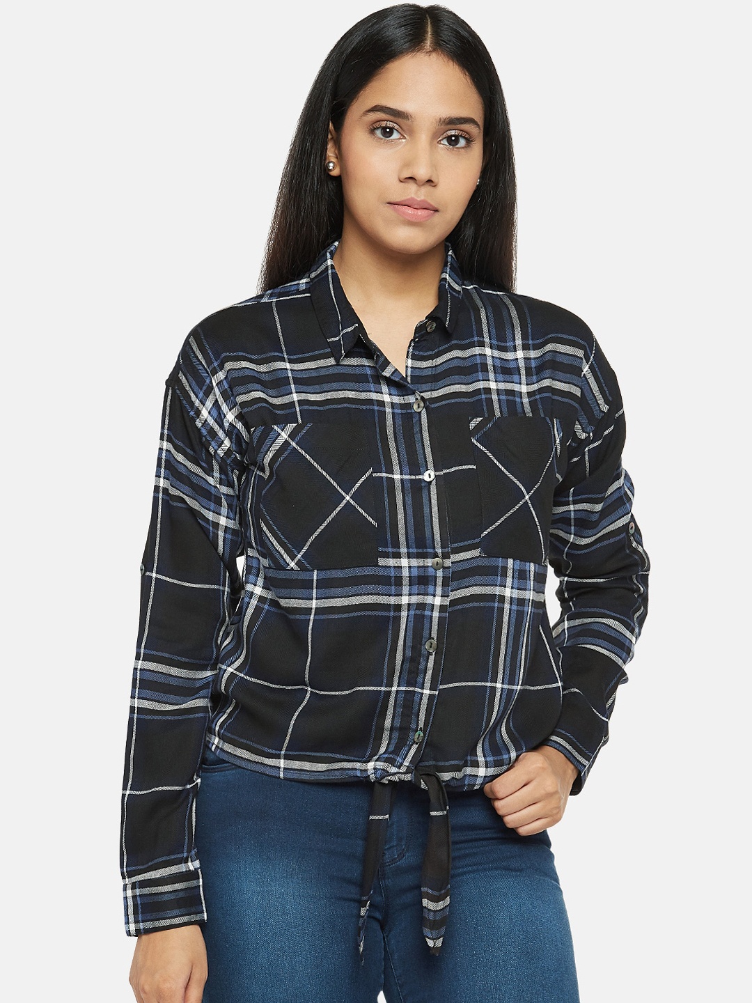 

People Women Black & Beige Regular Fit Checked Casual Shirt with Tie-Ups