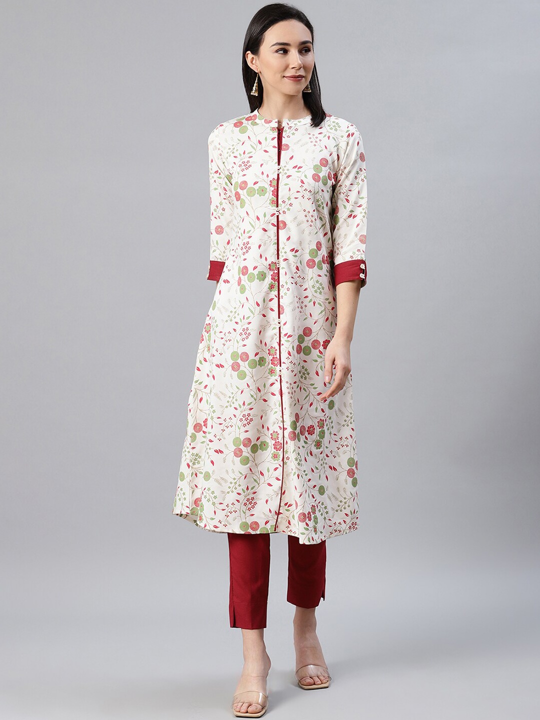 

ZIYAA Women White & Red Floral Foil Print Kurta