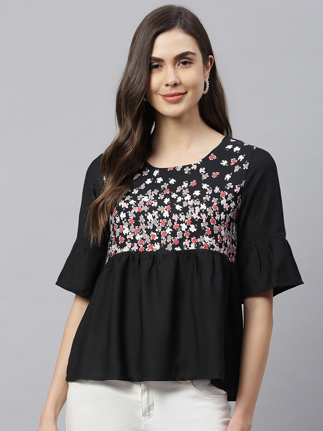 

HK colours of fashion Black & White Floral Print Bell Sleeves Top