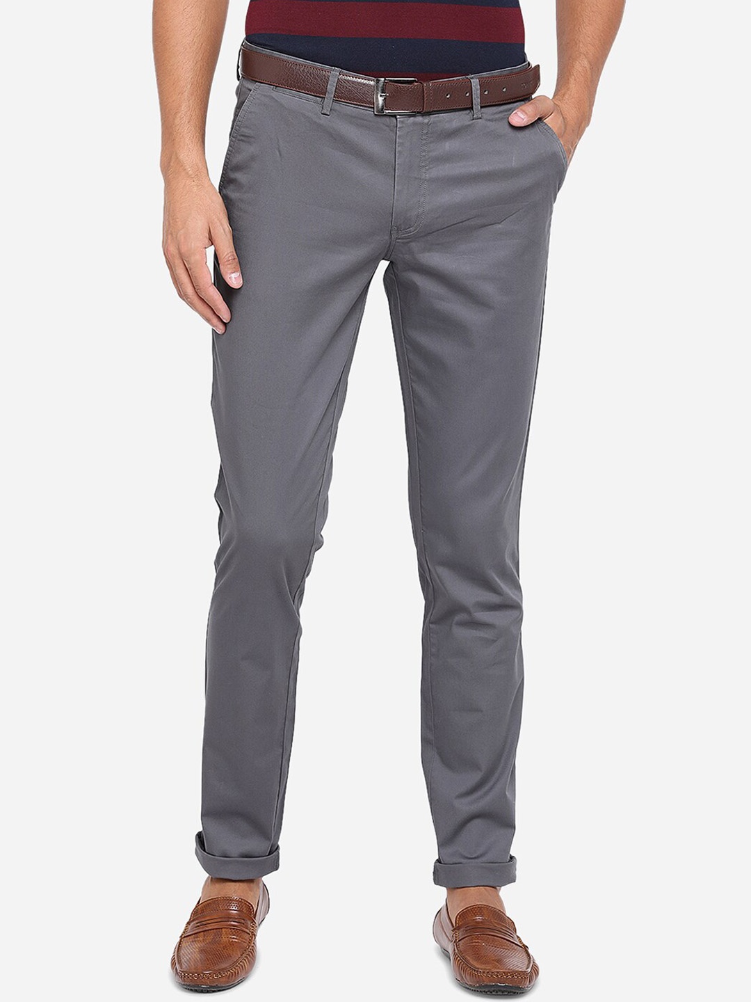 

JADE BLUE Men Grey Slim Fit Solid Pure Cotton Chinos