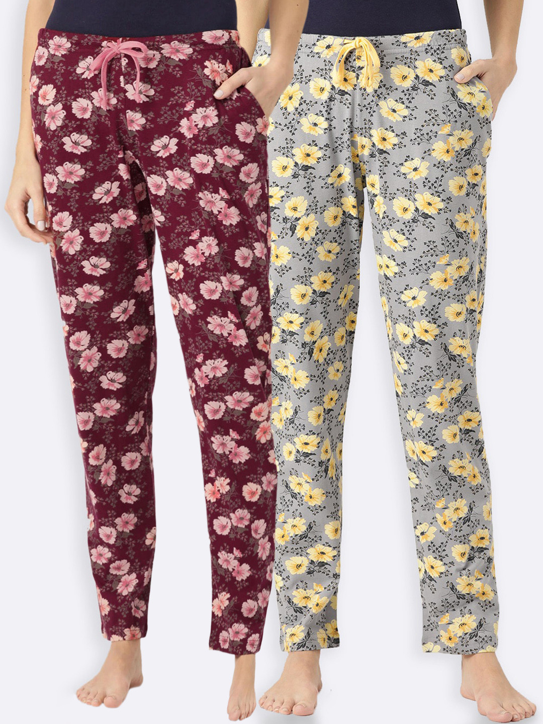 

Kanvin Women Pack of 2 Floral Print Pure Cotton Lounge Pants, Maroon