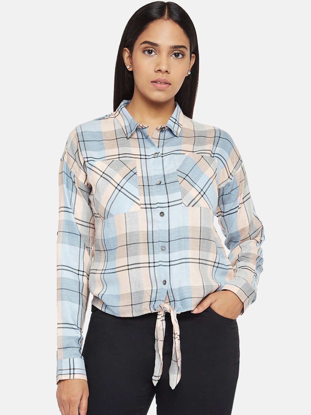 

People Women Blue & Beige Regular Fit Checked Casual Shirt with Waist Tie-Ups