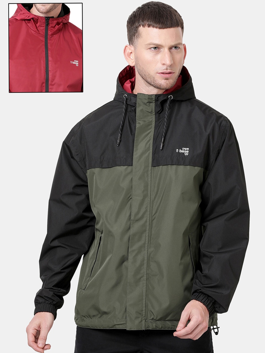 

t-base Men Olive Green & Red Waterproof Reversible Rain Jacket