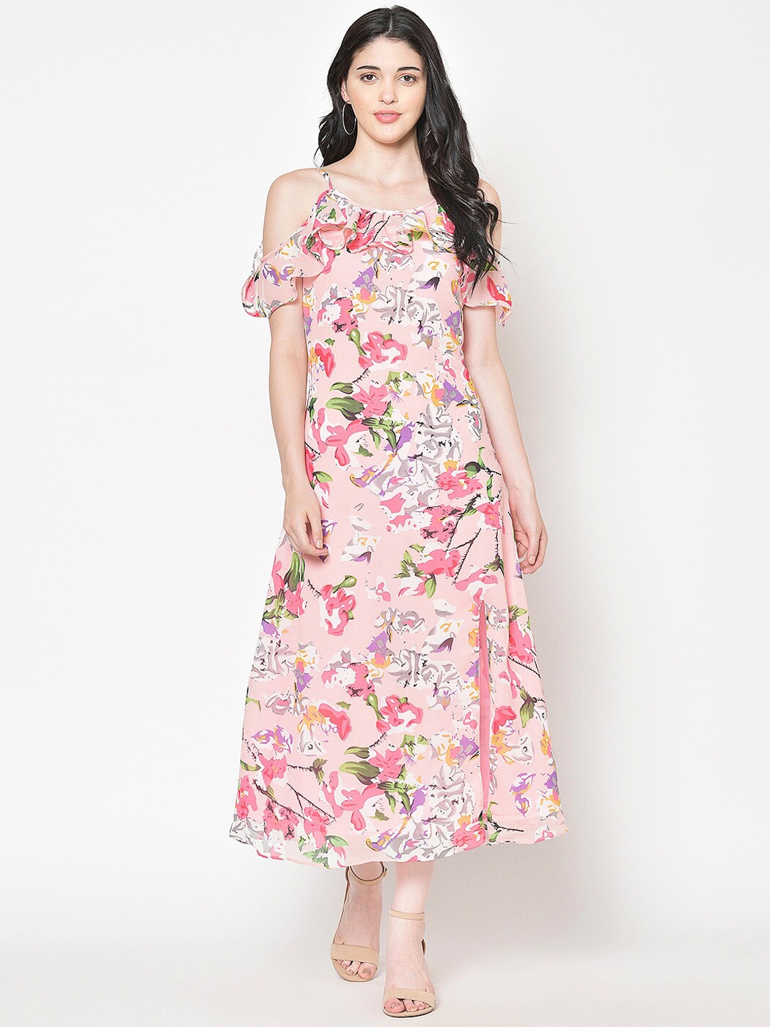 Cation Women Pink & Green Floral Print Maxi Dress