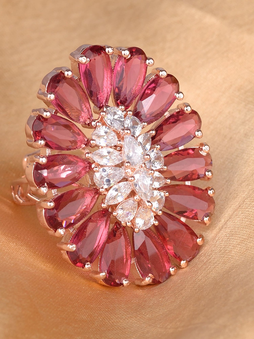 

Saraf RS Jewellery Rose Gold-Plated Magenta and White Ruby and AD encrusted Floral Ring Diamond Brass Cz Stone Handcrafted Adjustable
