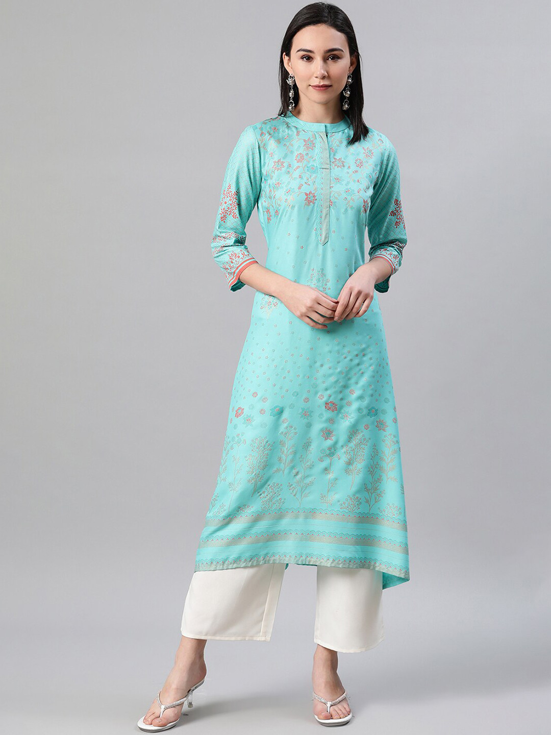 

ZIYAA Women Blue & Rust Red Floral Printed Band Collar A-Line Kurta