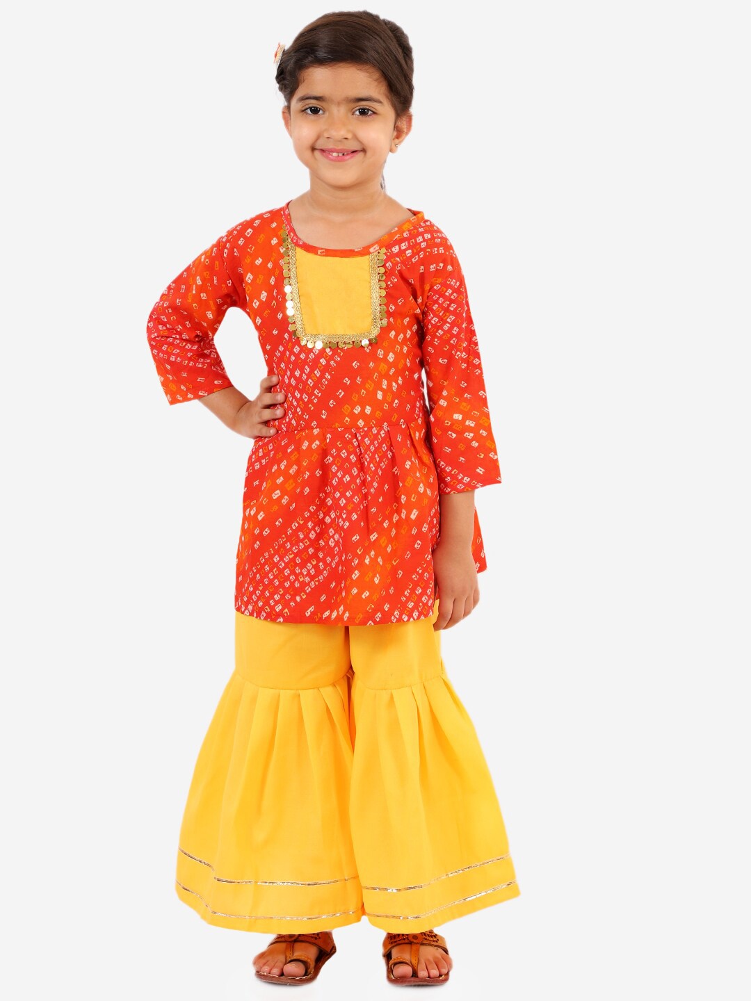 

Chipbeys Girls Orange & Yellow Bandhani Printed Pure Cotton Kurti with Sharara