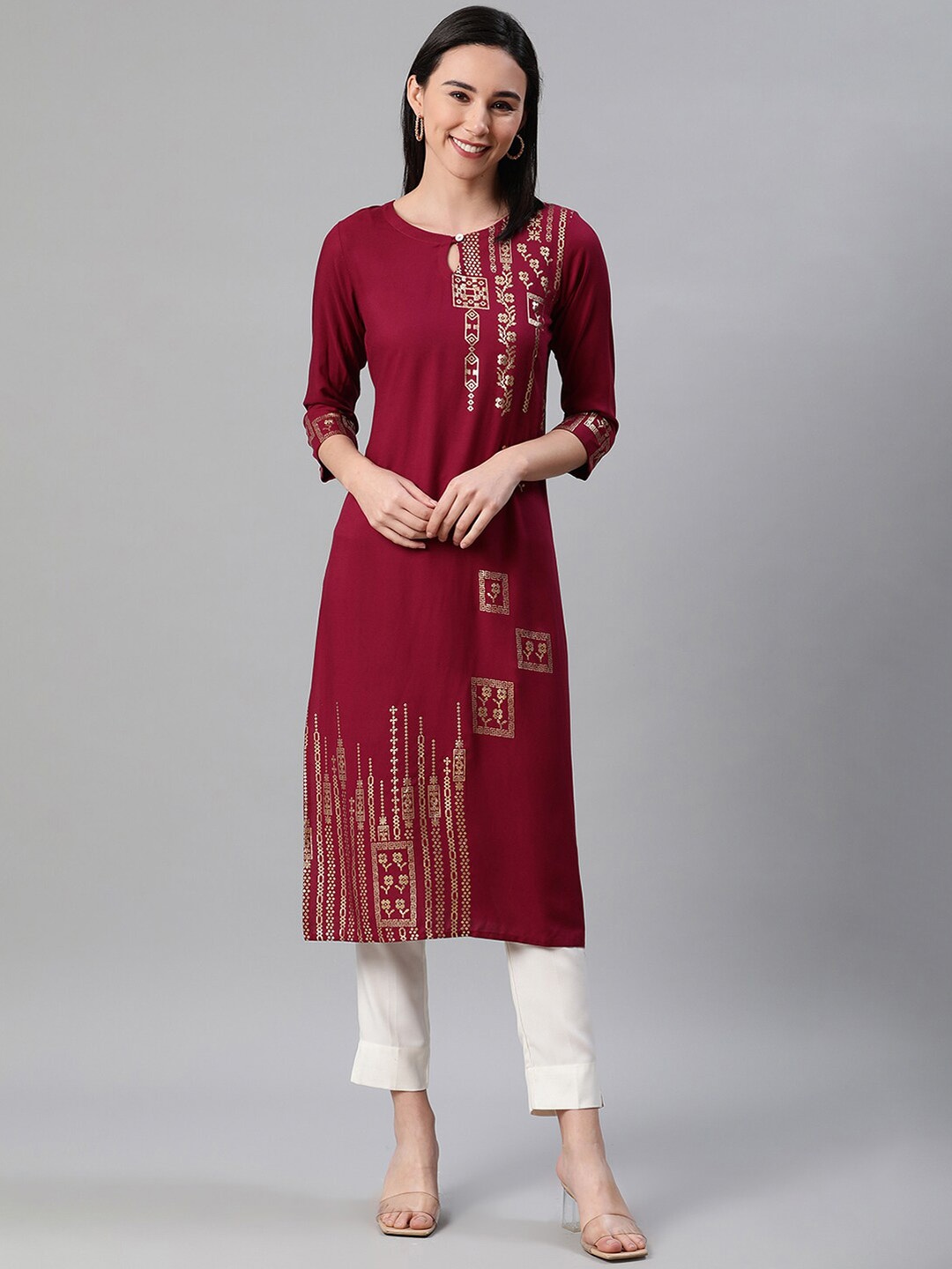 

ZIYAA Women Maroon Floral Foil Printed Kurta