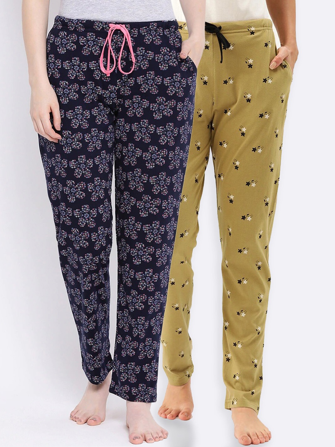 

Kanvin Women Pack of 2 Printed Pure Cotton Lounge Pants, Mustard
