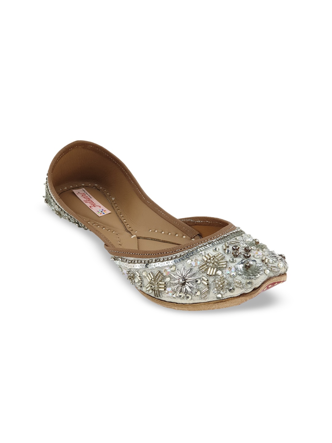 

Fulkari Women Silver-Toned Embellished Leather Mojaris