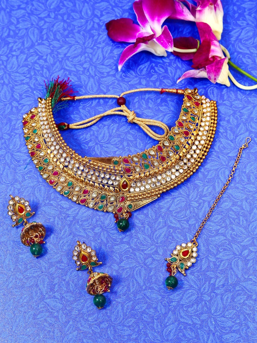 

Crunchy Fashion Pink Green Gold-Plated Stone-Studded & Beaded Jewellery Set