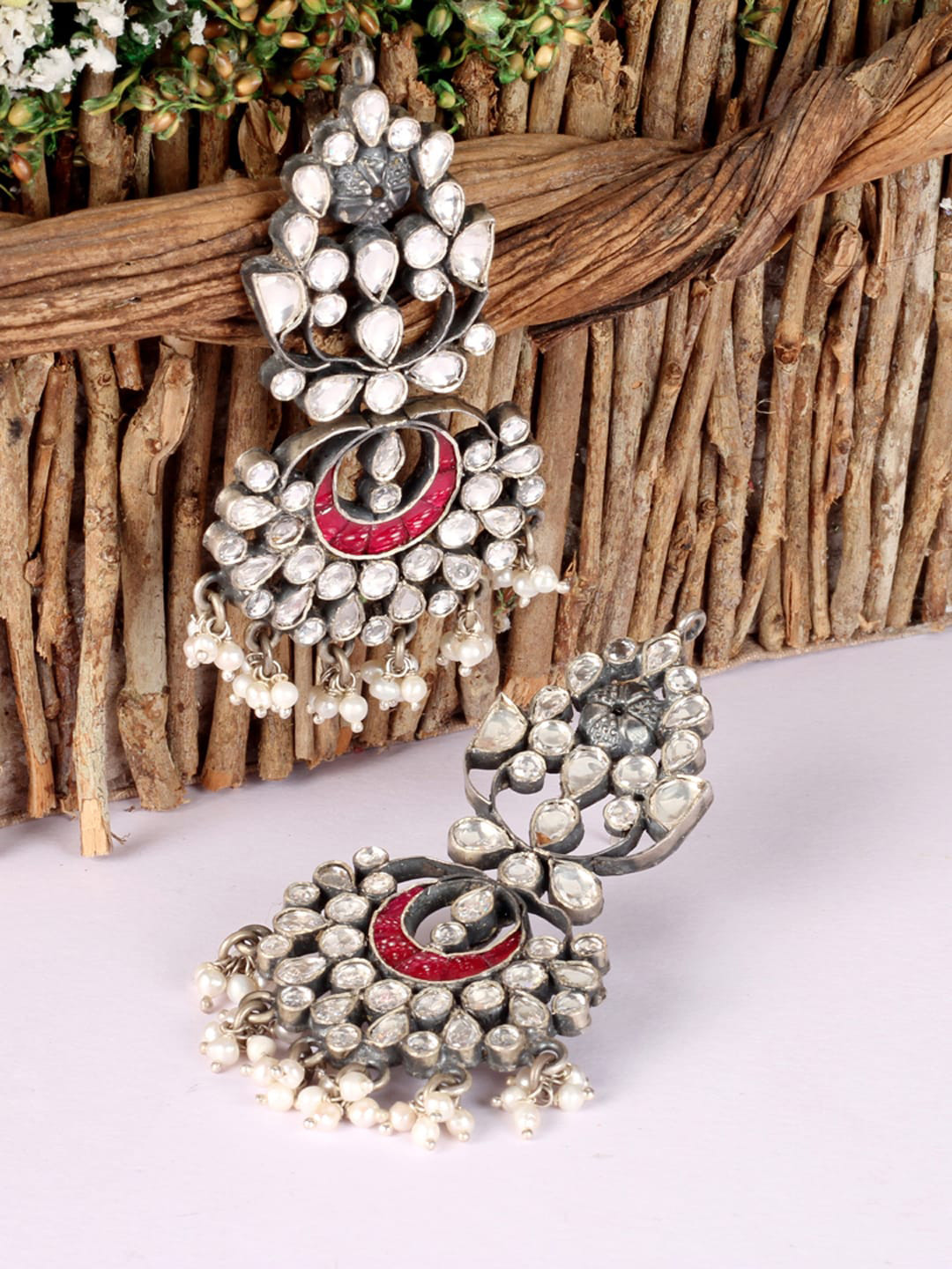 

SANGEETA BOOCHRA Silver-Toned & Red Studded & Beaded Classic Drop Earrings